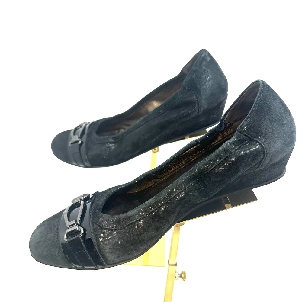 AGL Attilio Giusti Leombruni Black Suede Fabric Wedge Pumps Buckle‎ Italy 40.5